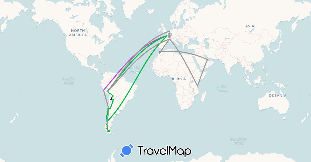 TravelMap itinerary: driving, bus, plane, cycling, train, hiking, boat, hitchhiking in Argentina, Bolivia, Chile, France, Morocco, Netherlands, Peru, Qatar, Tanzania (Africa, Asia, Europe, South America)
